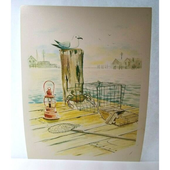 Seagull Art Print Crab Trap Bay Harbor Nautical Seaside Dock Gulls T Rex 10x13" - Picture 2 of 5